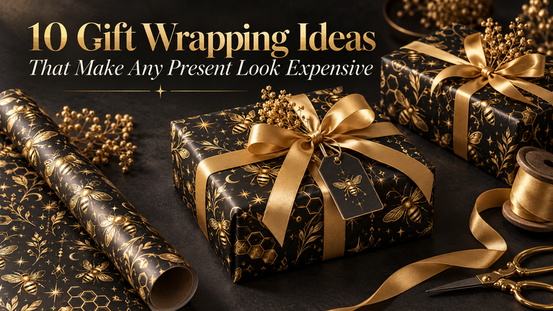 10 gift wrapping ideas with black and gold Midnight Hive bee-pattern paper and elegant ribbon