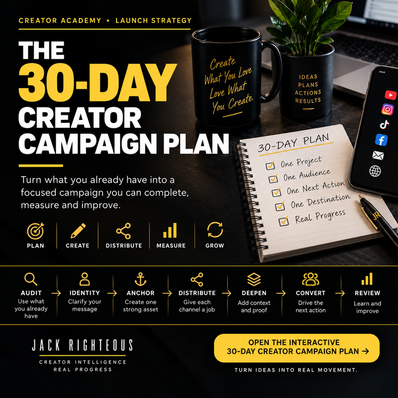 30-day creator launch plan cover showing how one project becomes a connected campaign