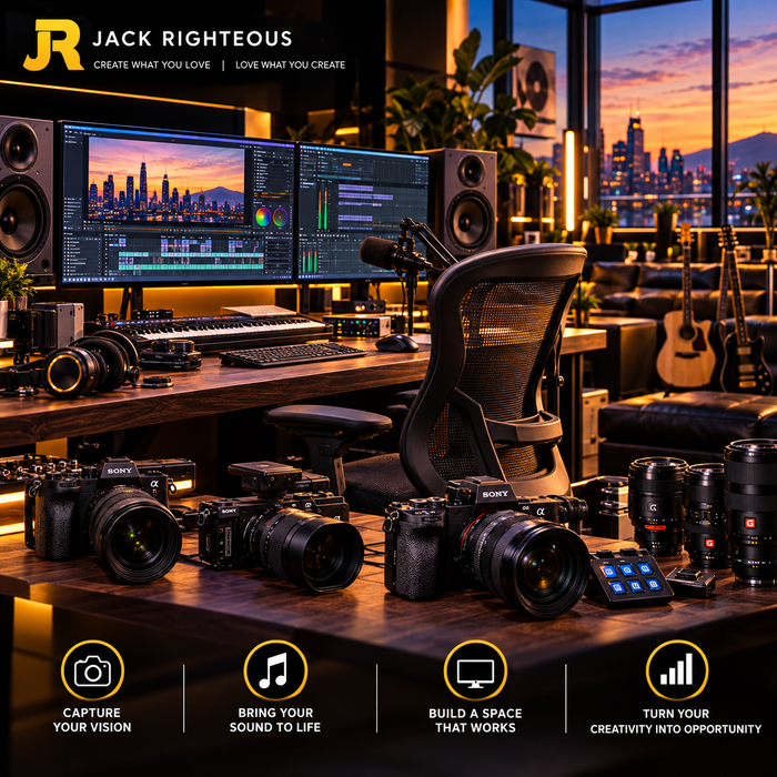 Premium Jack Righteous creator studio with professional cameras, audio monitoring, ergonomic workstation and production gear