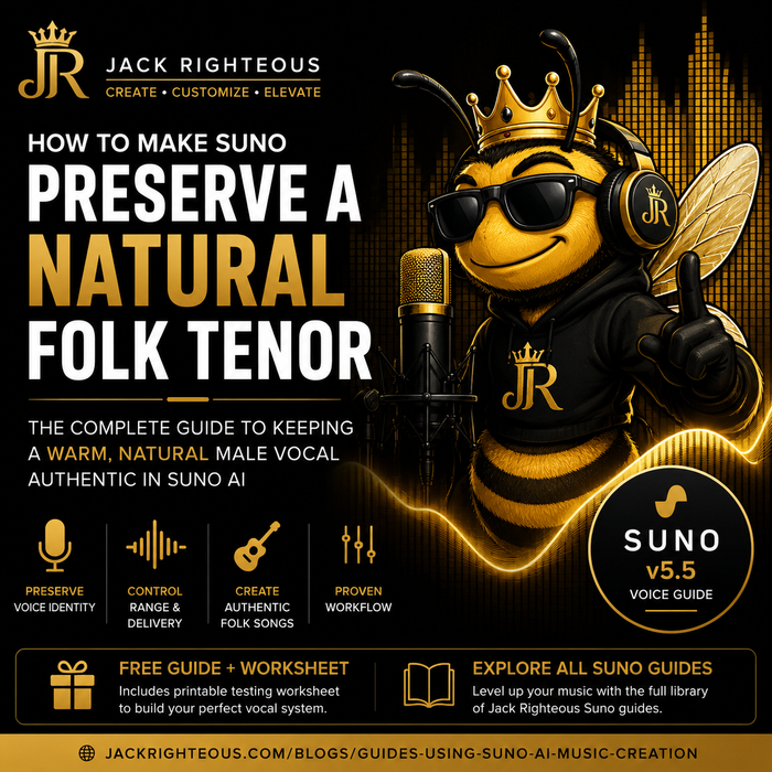 Bee Righteous mascot presenting a Suno v5.5 guide on preserving a natural folk tenor with black, white, and gold branding.