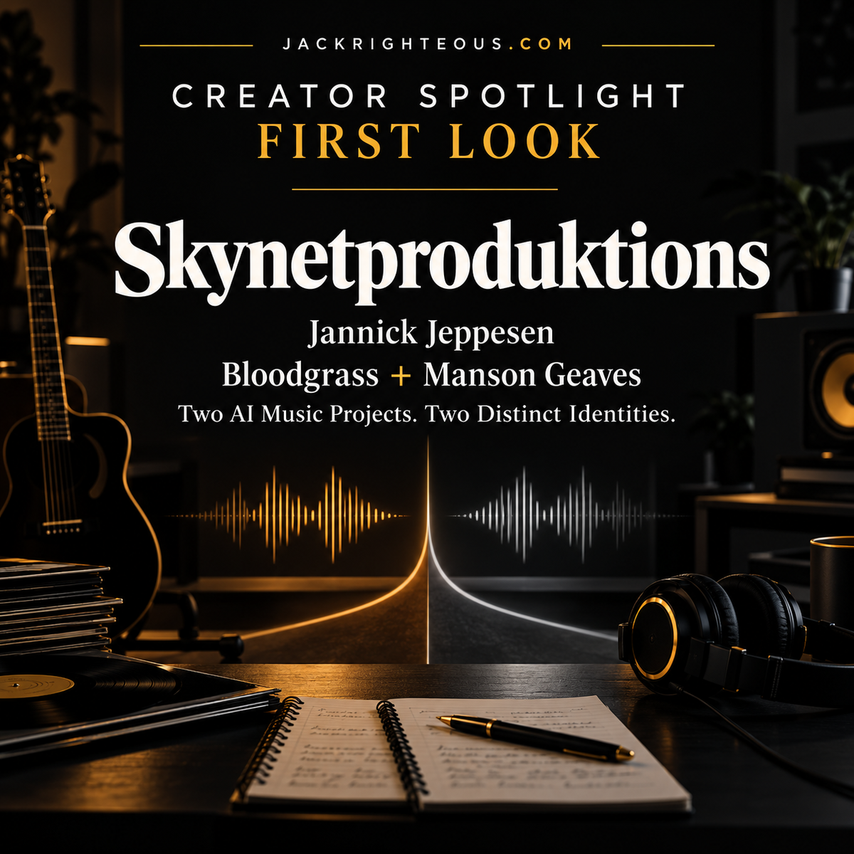 Editorial cover for Skynetproduktions Creator Spotlight First Look, naming Jannick Jeppesen, Bloodgrass and Manson Geaves, with a split music-studio concept.