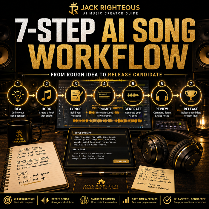 Promotional graphic for Jack Righteous' 7-Step AI Song Workflow guide with music creation tools and text.