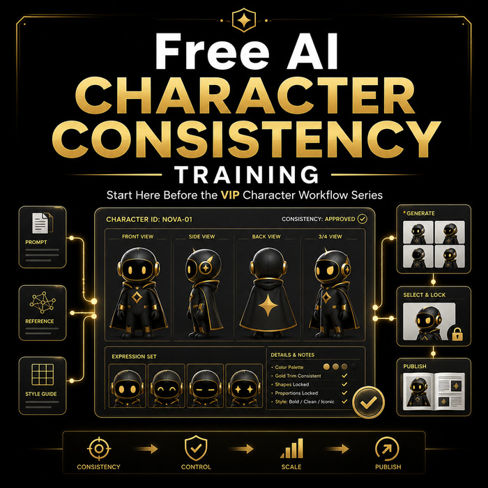 Free AI Character Consistency Training interface with character design tools on a black background.
