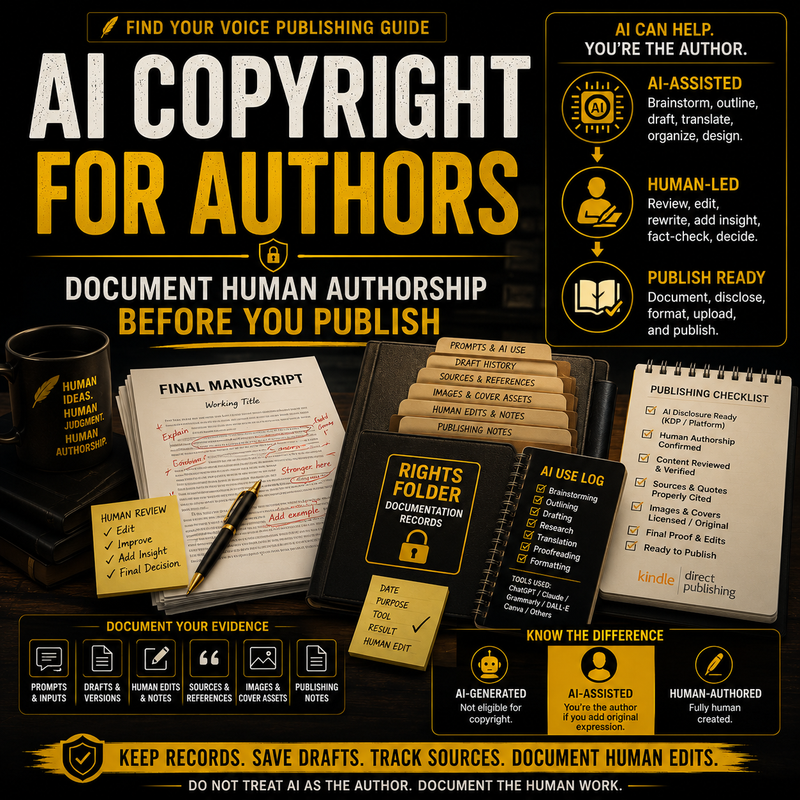 Promotional graphic for AI copyright services for authors, featuring text and icons on a dark background.