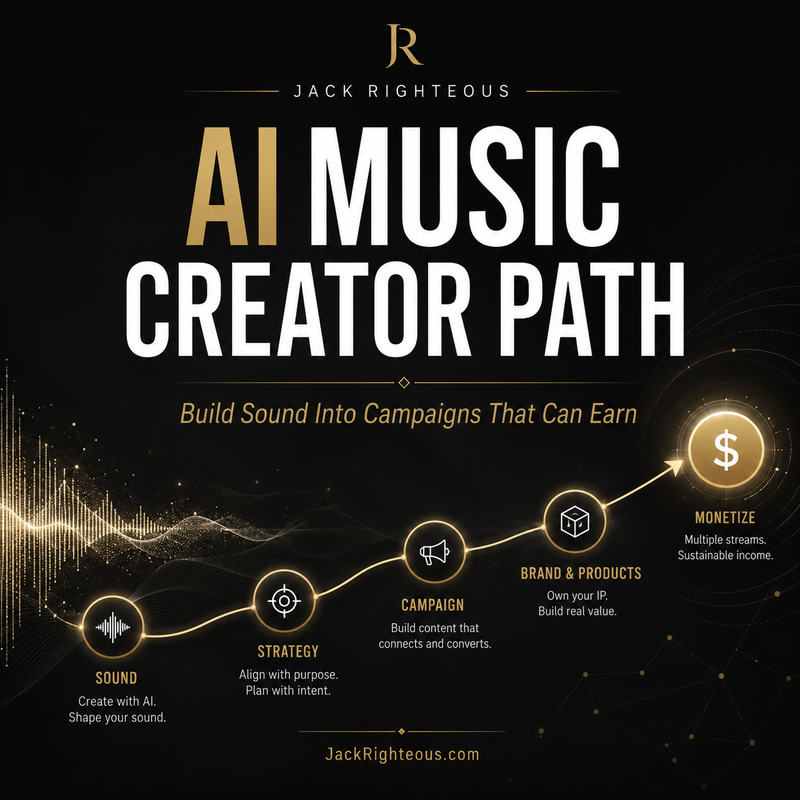 AI Music Creator Path showing the progression from sound and identity through brand, release systems and monetization