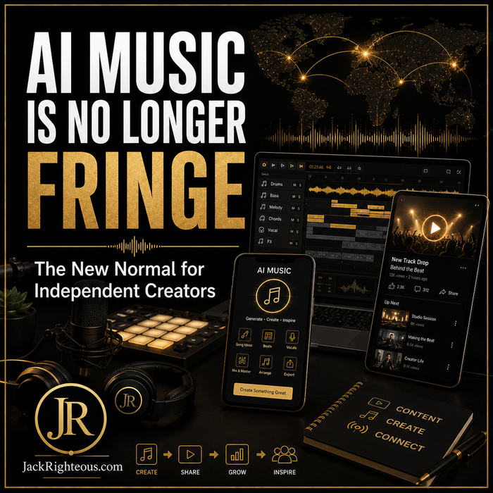 Promotional graphic for AI music with devices and text on a dark background