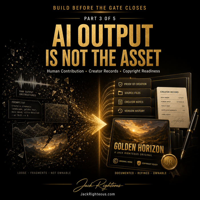 Promotional graphic for 'AI Output is Not the Asset' by Jack Righteous with text and graphics on a dark background.