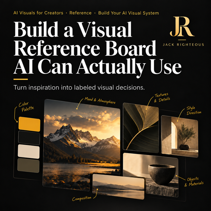 Jack Righteous branded AI visual reference board guide with gold JR monogram, labeled color palette, lighting, texture, composition and style reference images on black.
