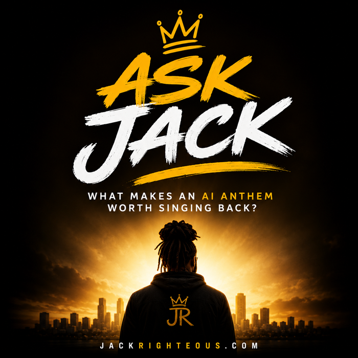 Ask Jack AI anthem cover with creator facing sunrise over city skyline