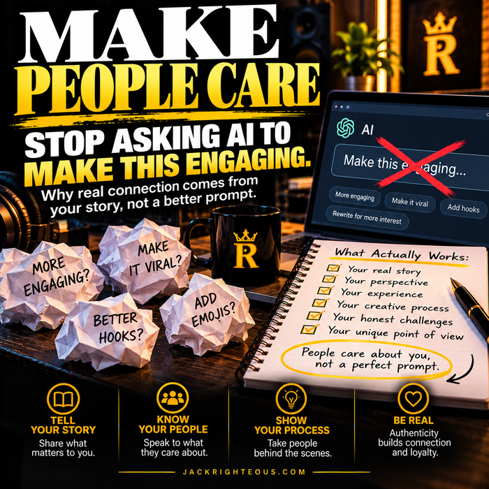 Jack Righteous Make People Care series part two cover about authentic writing instead of generic AI engagement prompts.