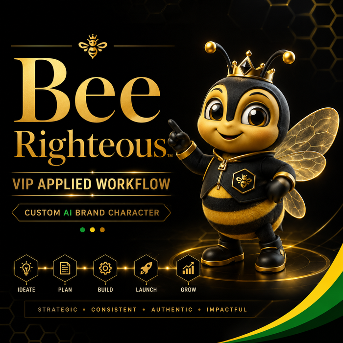 Animated bee character with a crown, surrounded by text and icons on a dark background
