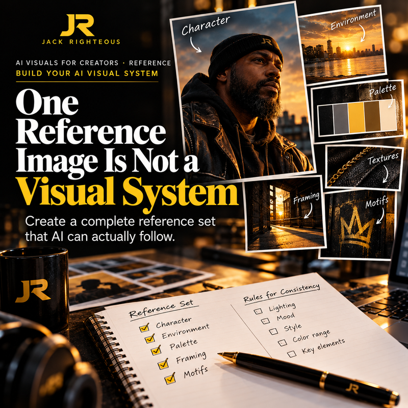 Jack Righteous visual reference system cover with character, environment, palette, framing and recurring motif examples.