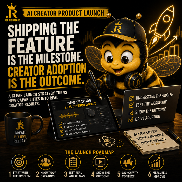 Jack Righteous article cover: AI music product launch strategy for new-feature creator adoption.
