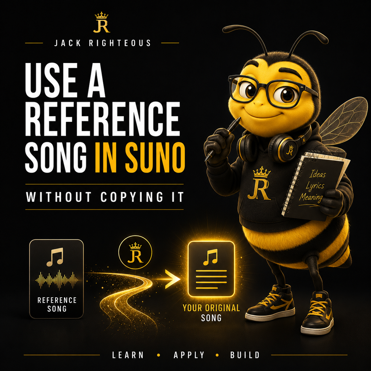 Jack Righteous bee mascot cover for using a reference song in Suno without copying it, with original-song workflow graphic