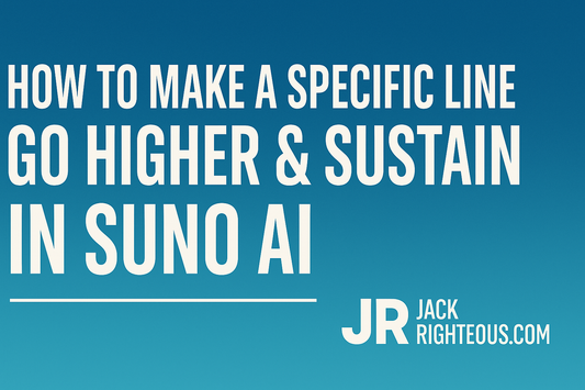 Suno AI tutorial cover image showing guide title 'How to Make a Specific Line Go Higher & Sustain in Suno AI' with JR logo and JackRighteous.com branding, optimized for 16:9 blog display.
