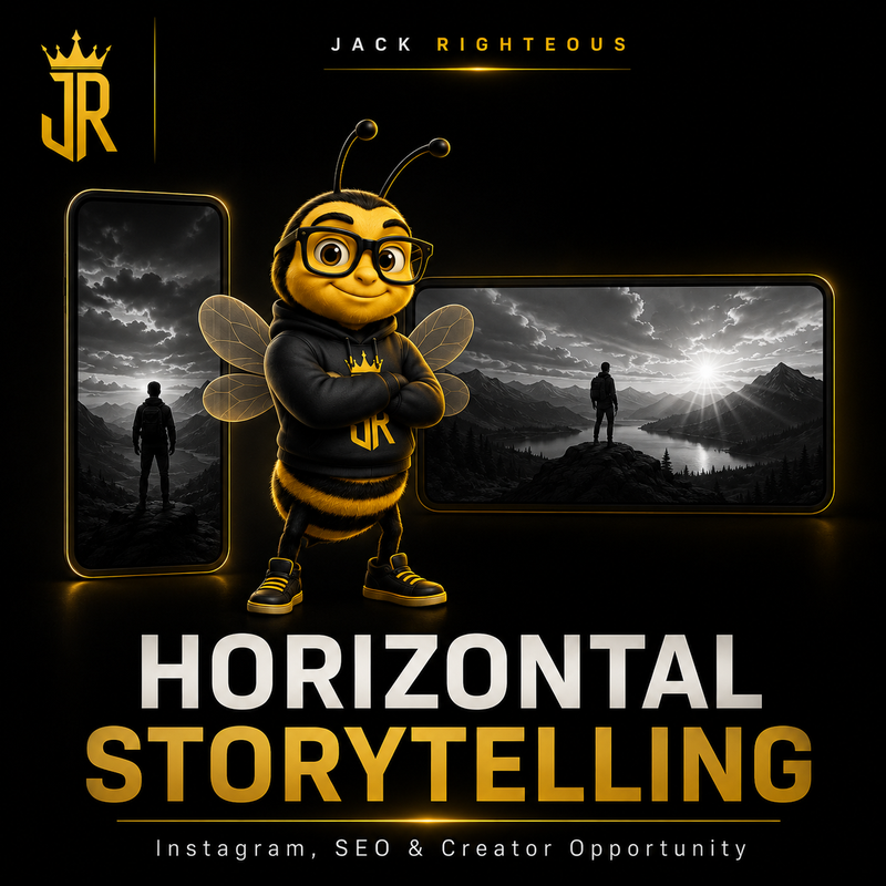 Bee Righteous compares vertical and horizontal storytelling in a black-and-gold Jack Righteous design.