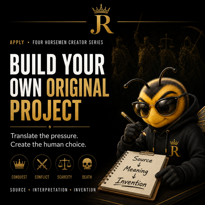 Bee Righteous develops an original Four Horsemen project by separating biblical source, interpretation and creative invention.