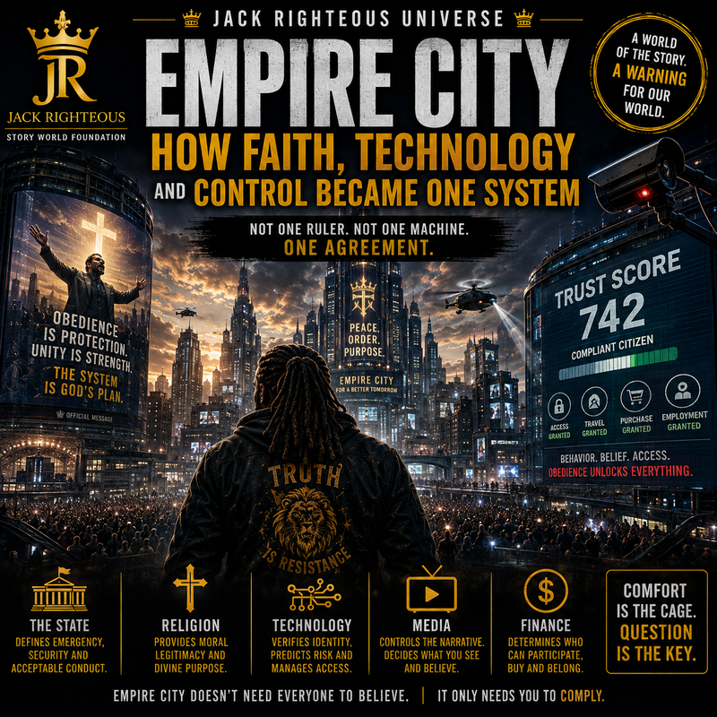 Jack Righteous overlooks Empire City, where faith, technology, media, finance and surveillance operate as one system.