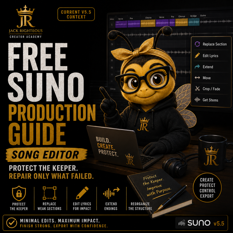 Bee Righteous demonstrates Suno Song Editor tools for protecting strong sections and repairing lyrics, structure and endings.
