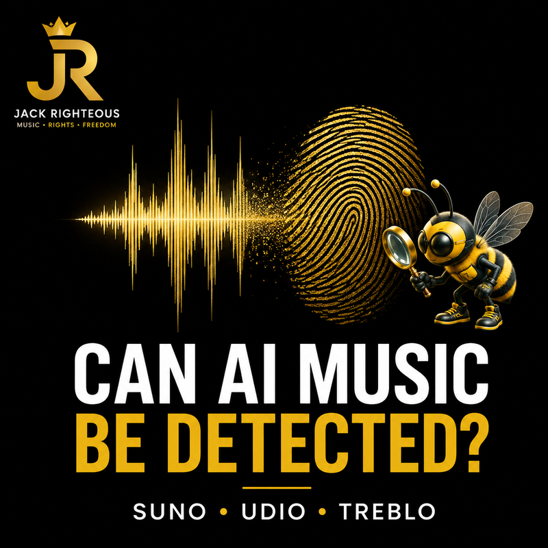 AI music detection cover featuring Suno, Udio and Treblo with a gold waveform, fingerprint and Bee Righteous mascot.