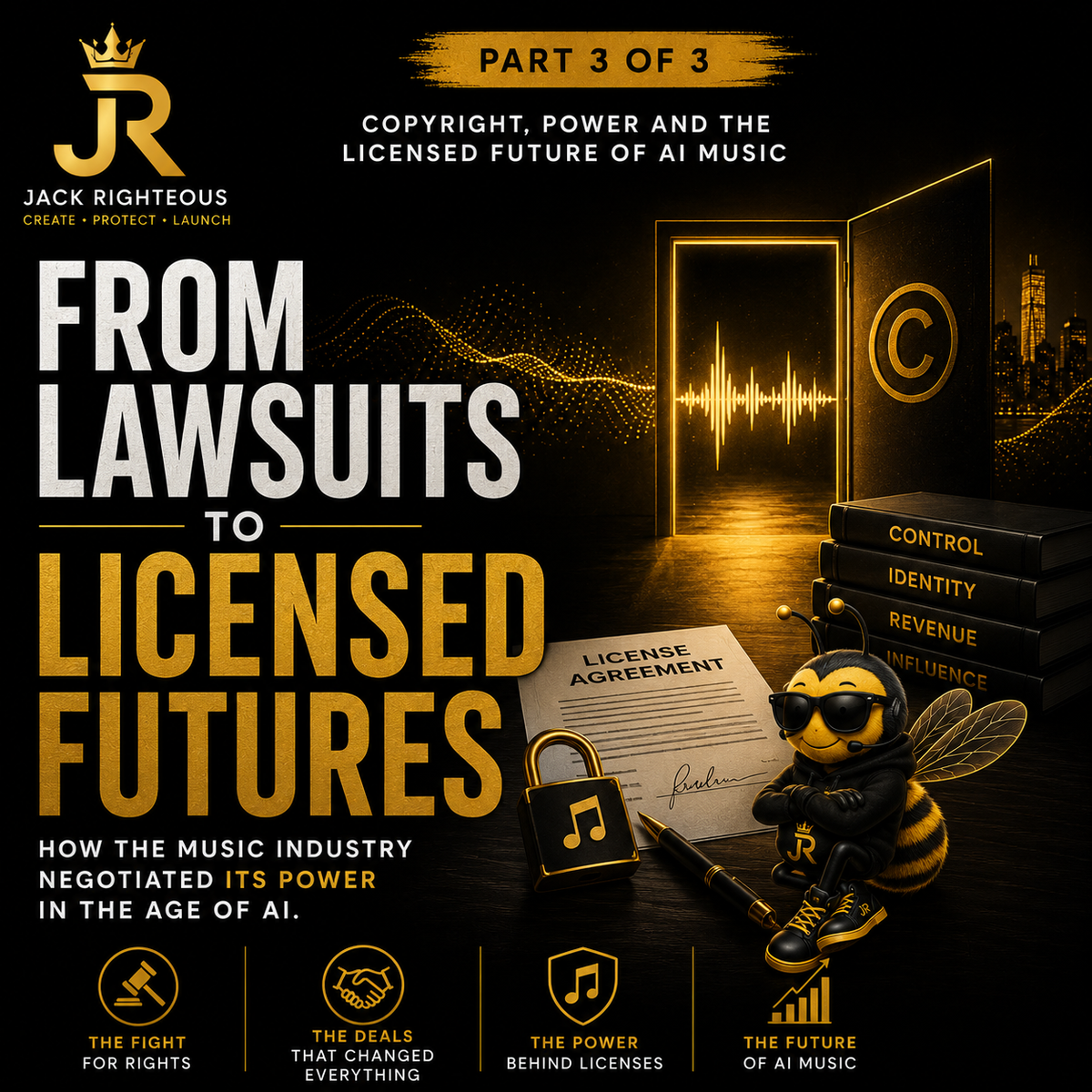 AI music copyright cover showing lawsuits, licensing agreements, industry power, creator rights and the future of licensed AI.