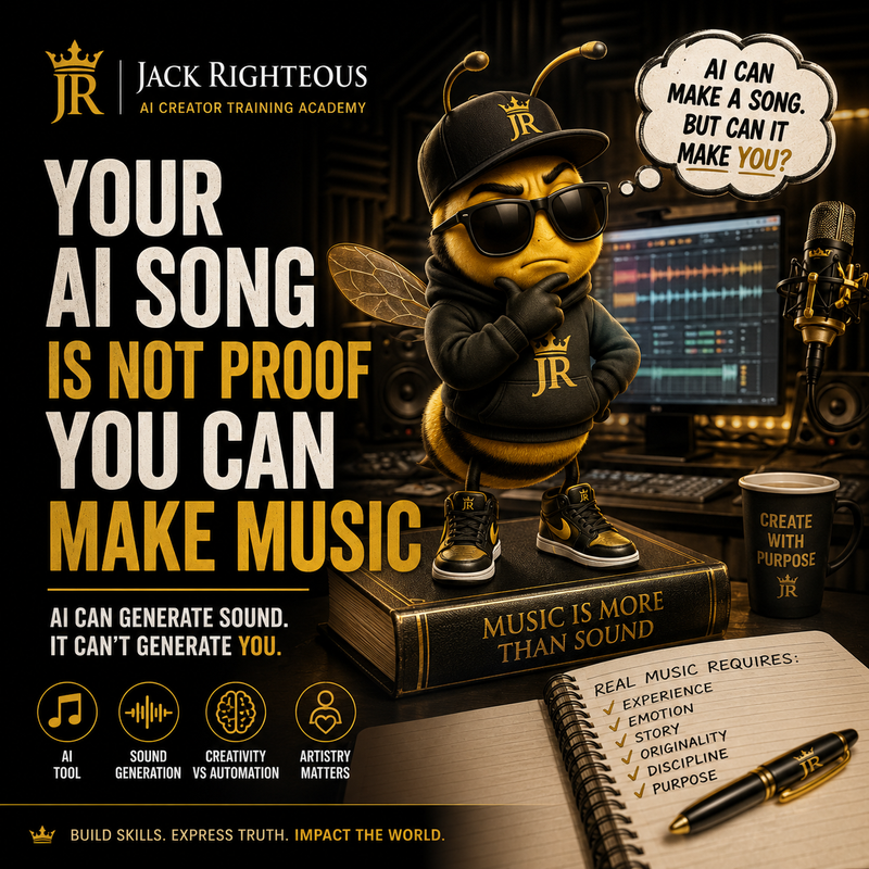 Bee Righteous reflects in a recording studio as AI generates a song, highlighting why real music requires human skill and purpose.
