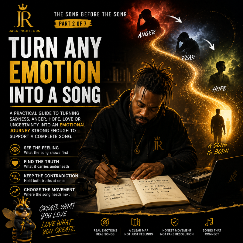 Turn any emotion into a song with a clear emotional journey using Jack Righteous songwriting guidance.