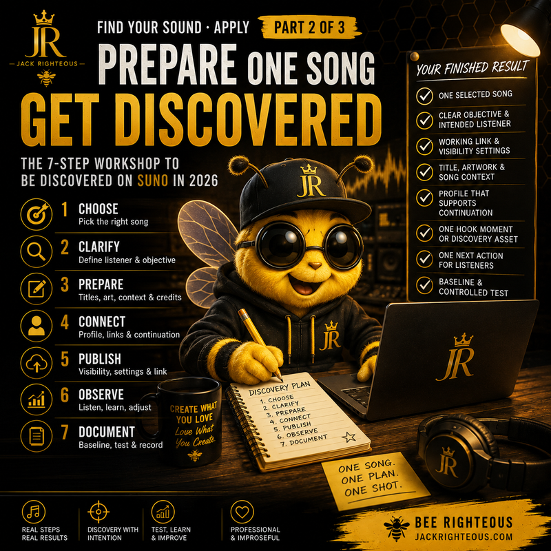 Bee Righteous guides Suno creators through a 7-step discovery plan to prepare, publish, test and improve one song.