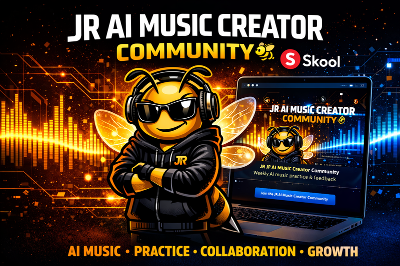 JR AI Music Creator Community on Skool featuring Bee Righteous mascot promoting AI music collaboration and weekly creator challenges