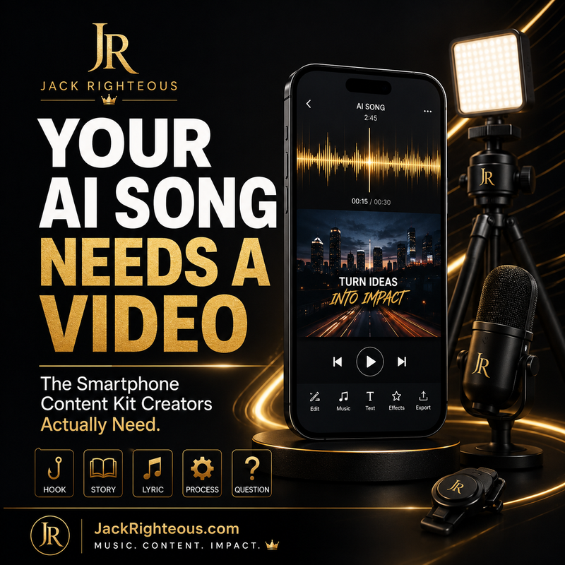 Jack Righteous smartphone video content kit with phone, tripod, LED light and microphone in black and gold