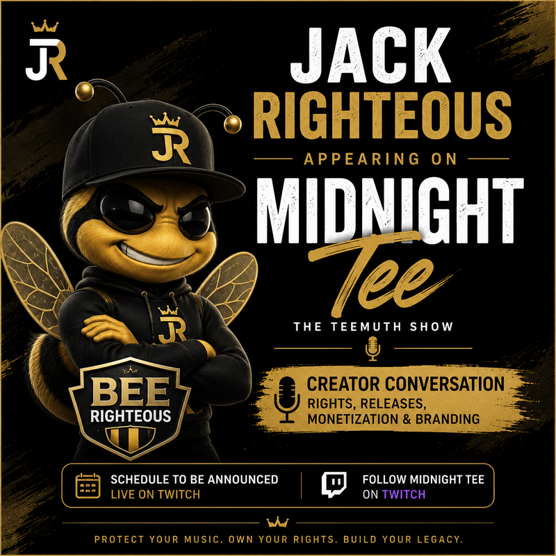 Bee Righteous announcing Jack Righteous appearing on Midnight Tee for an AI music conversation about rights, releases, monetization and branding