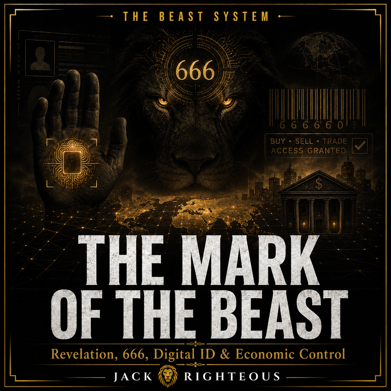 The Mark of the Beast article cover featuring a shadowed beast, 666, a biometric hand scan, digital identity graphics, global payment networks and economic access controls.