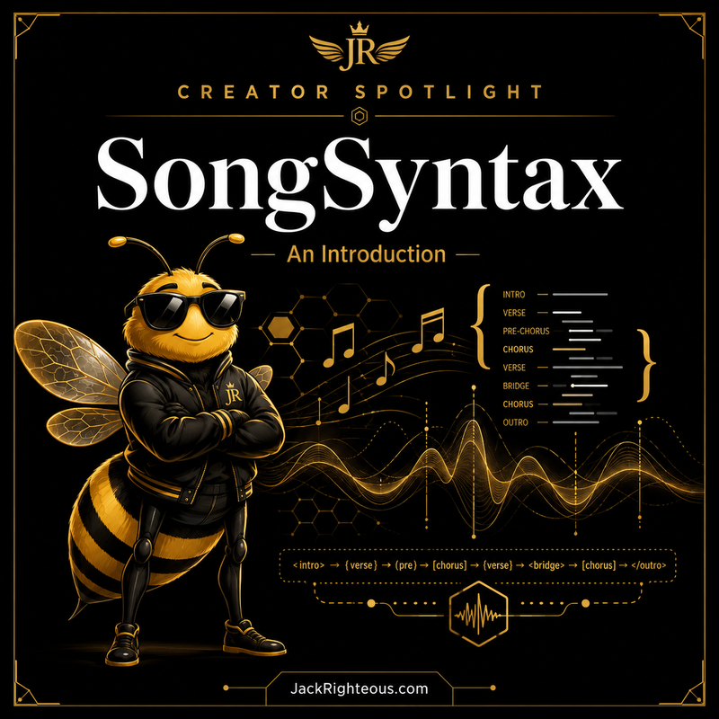 Bee Righteous mascot introduces SongSyntax with musical notes, waveform patterns and structured song sections in a black-and-gold Creator Spotlight cover.