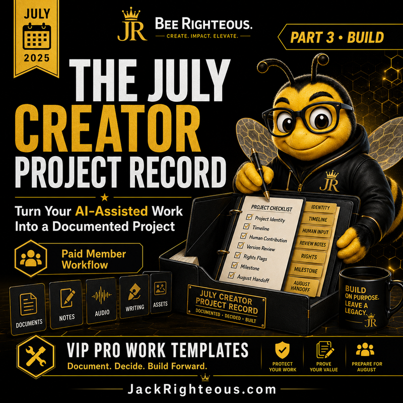 Bee Righteous builds a documented AI creator project record covering versions, human input, rights, and milestones.