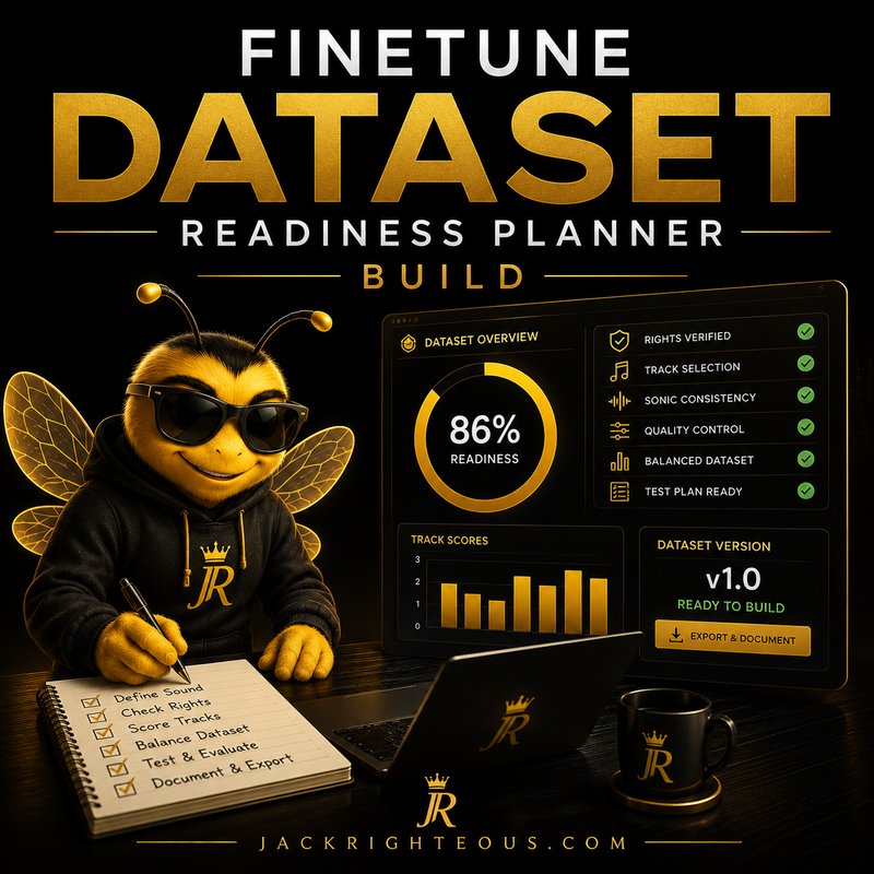 Bee Righteous uses a Music Finetune Dataset Readiness Planner to score, document and export a catalogue.