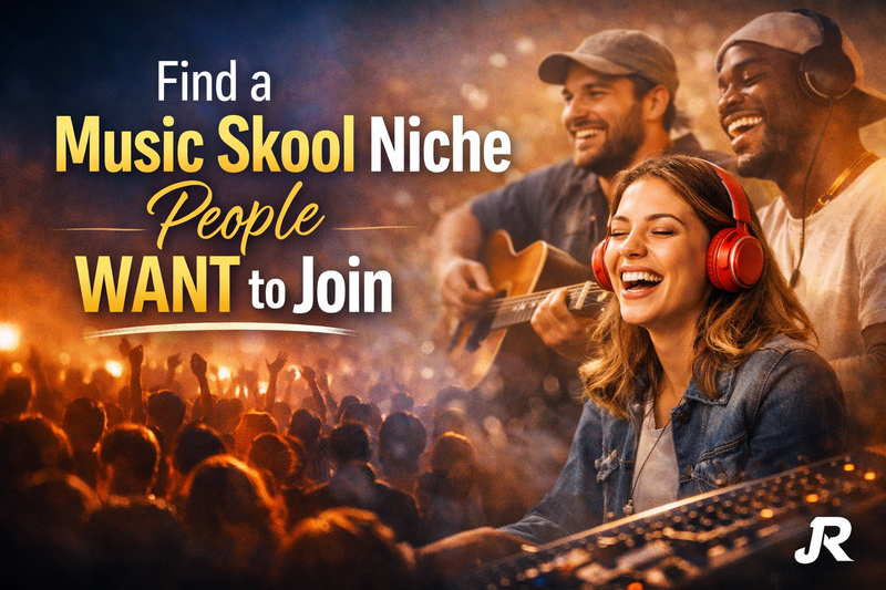 Emotional cover image about choosing a music niche for a Skool community, featuring creators, crowd energy, and JR branding.