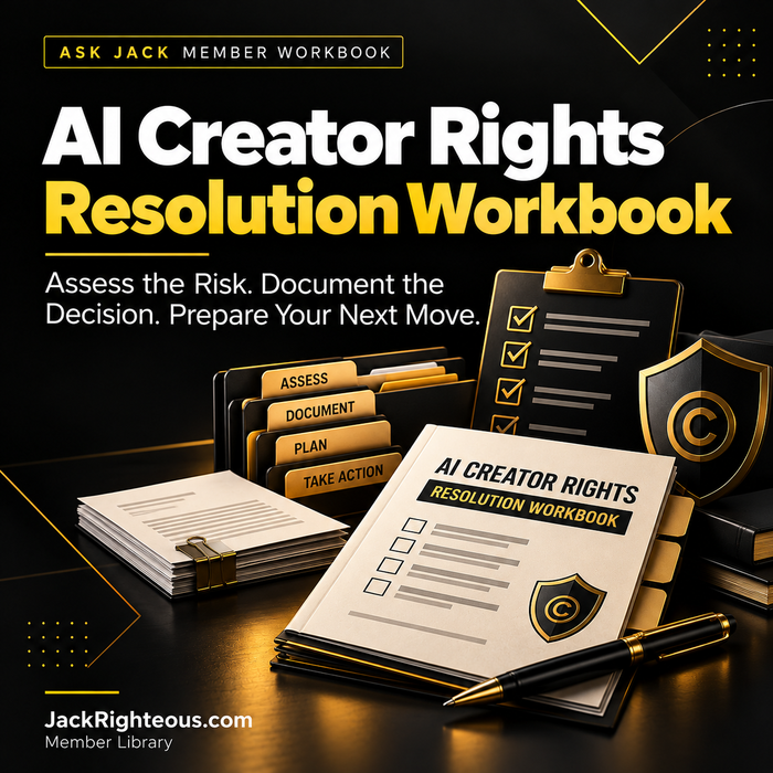 Jack Righteous AI Creator Rights Resolution Workbook cover for documenting project rights decisions.