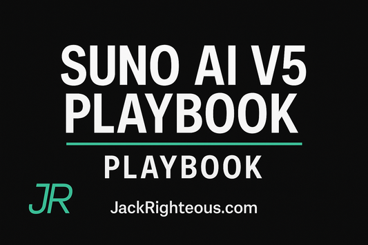 Bold 16:9 cover image for “Suno AI v5 Playbook” featuring JR logo, neon accents, and JackRighteous.com branding on a dark background.