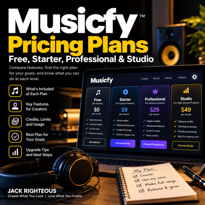 Musicfy pricing plans guide comparing Free, Starter, Professional and Studio for AI music creators