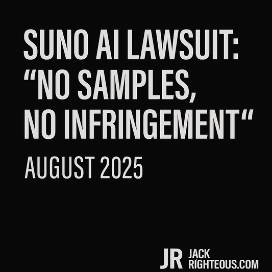 Suno AI Lawsuit August 2025 cover image with headline ‘No Samples, No Infringement,’ JR branding, and JackRighteous.com logo, optimized for 16:9 display and AI music industry news article.
