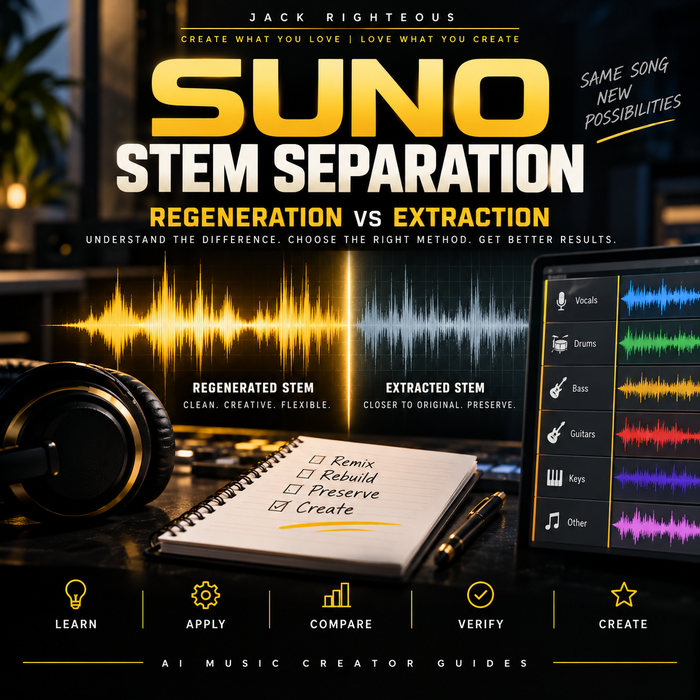 Suno regenerated stems versus traditional audio separation for DAW production and source fidelity.