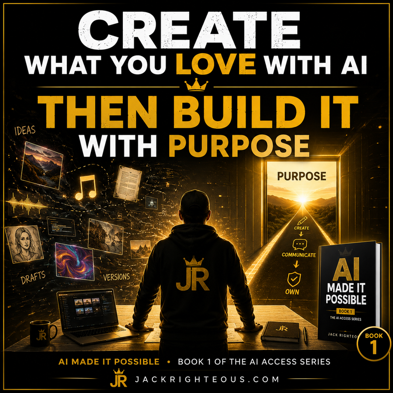 Person standing in front of a laptop with motivational text about creating and building with AI and purpose.
