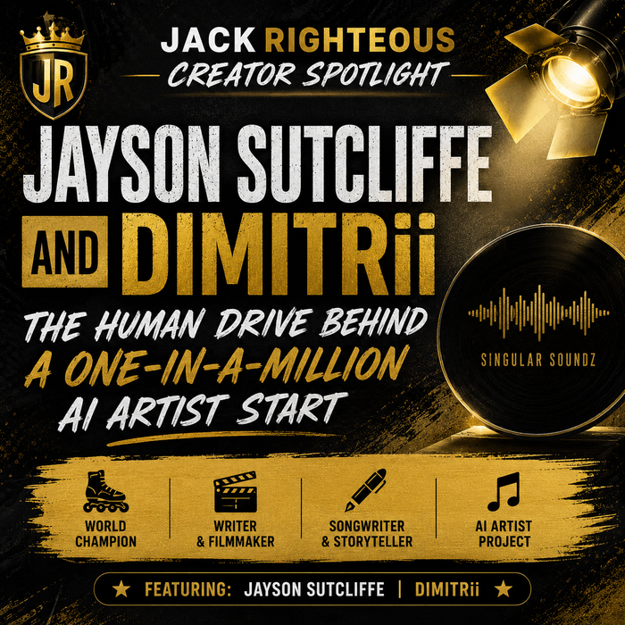 Jack Righteous Creator Spotlight graphic featuring Jayson Sutcliffe and DIMITRii as an AI artist profile