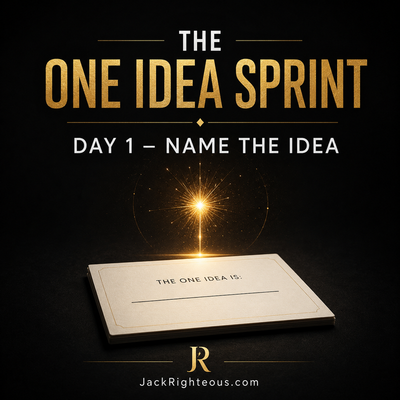 Promotional graphic for 'The One Idea Sprint' with a sparkly light and text on a dark background.