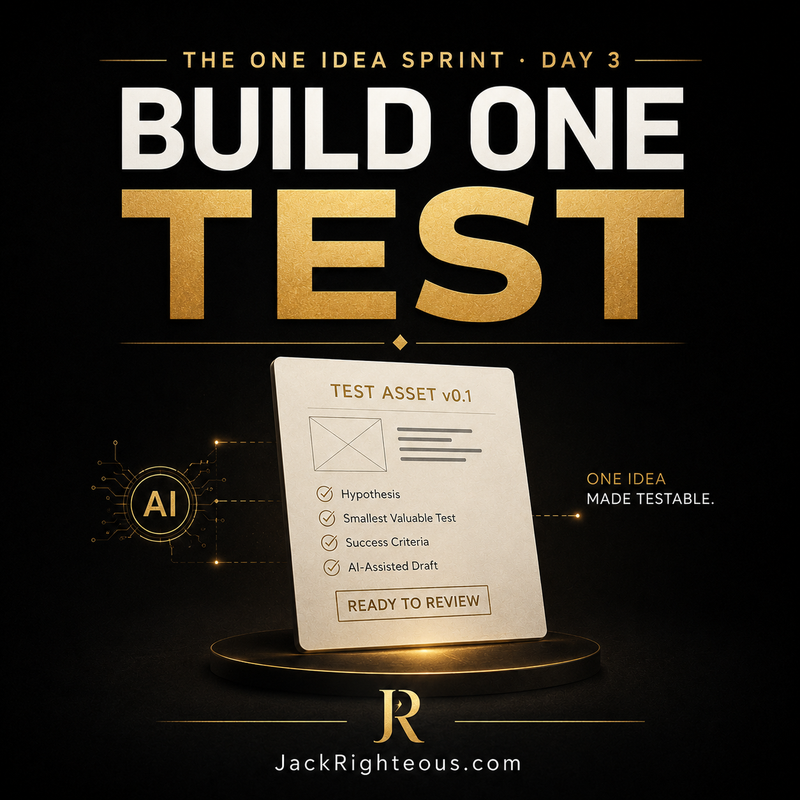 Promotional graphic for 'Build One Test' with a test asset document on a dark background, featuring the text 'The One Idea Sprint Day 3' and 'JackRighteous.com'.