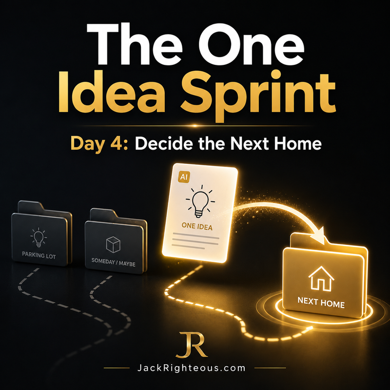 Promotional graphic for 'The One Idea Sprint' with a focus on deciding the next home, featuring icons and text on a dark background.