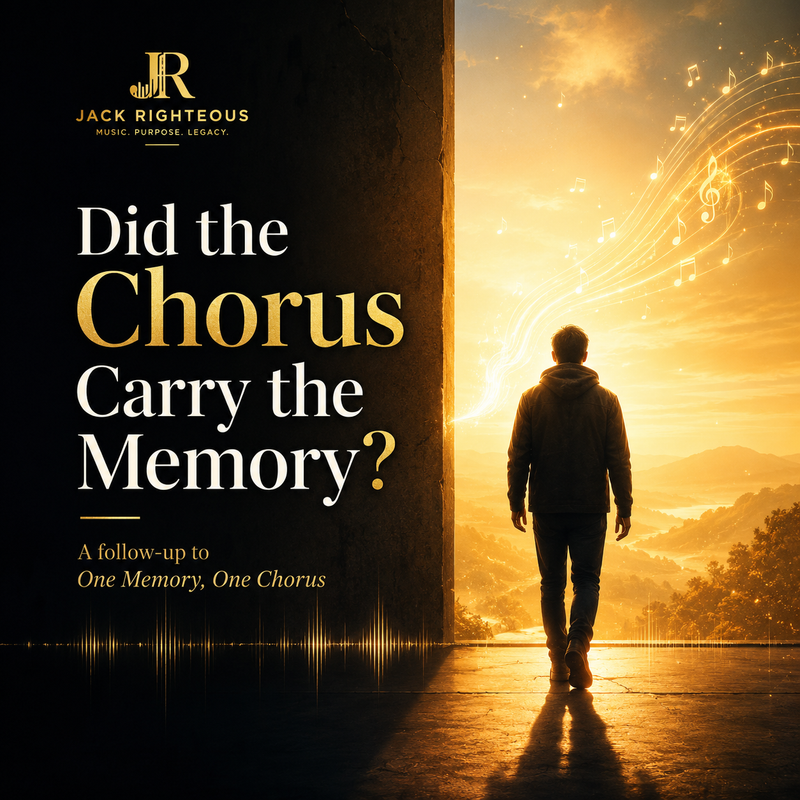 Promotional image for 'Did the Chorus Carry the Memory?' by Jack Righteous with a person walking towards a bright light.