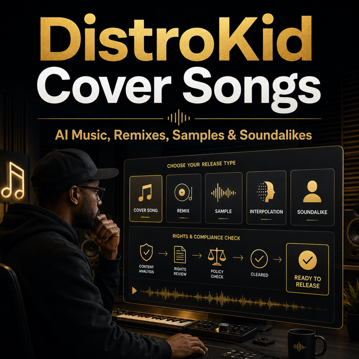 Person working on a computer with DistroKid software interface displaying cover songs, remixes, samples, and soundalikes.
