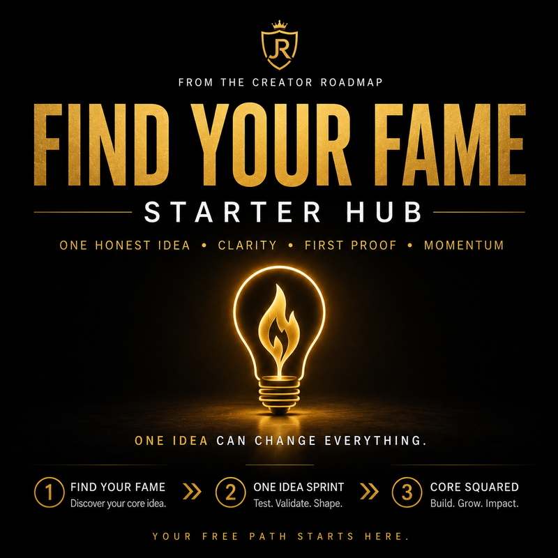 Promotional graphic for 'Find Your Fame Starter Hub' with a light bulb icon on a dark background.