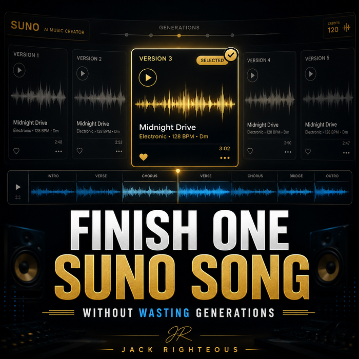 Music production software interface with sound waveforms and text about music creation.